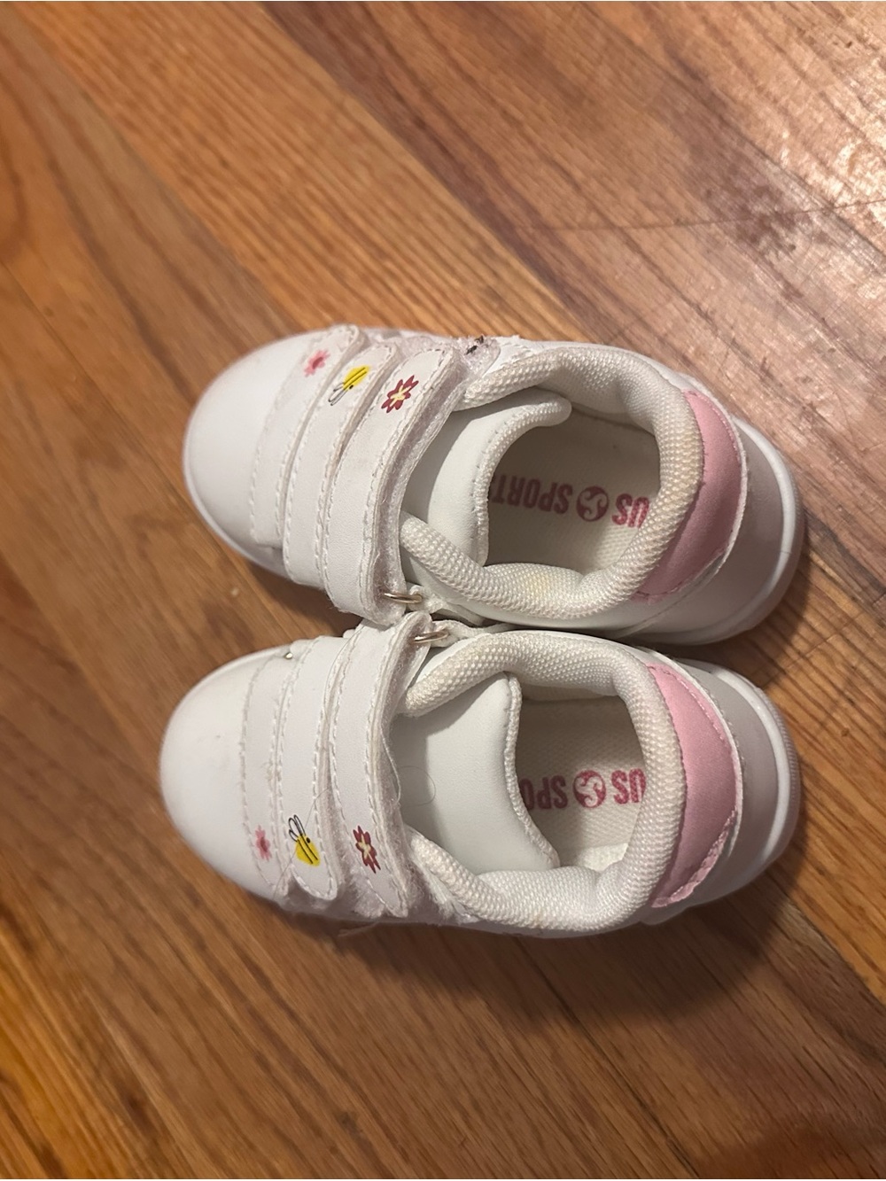 White and Pink Kids Velcro Sneakers with Floral Accents